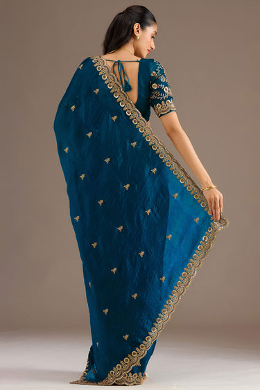 Navy Blue Tissue Embroidered Designer Saree