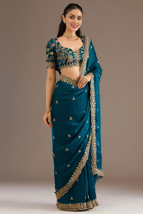 Navy Blue Tissue Embroidered Designer Saree
