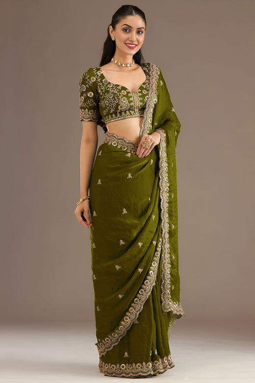 Tissue Fabric Designer Function Wear Green Saree
