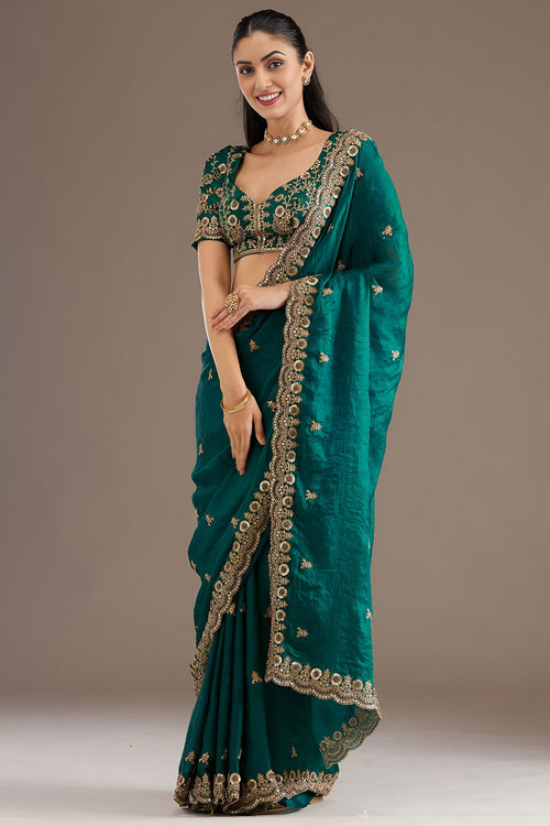 Premium Ethnic Teal Saree With Embroidred Border Work