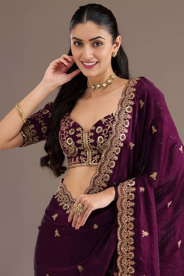 Luxury Wine Designer Embroidred Saree