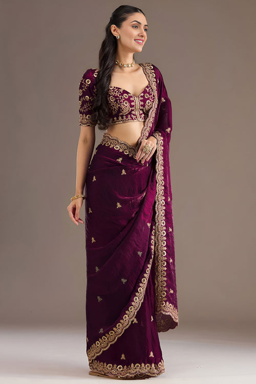 Luxury Wine Designer Embroidred Saree
