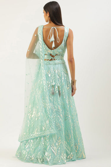Sequins Work Net Fabric Cyan Color Sangeet Wear Lehenga Choli