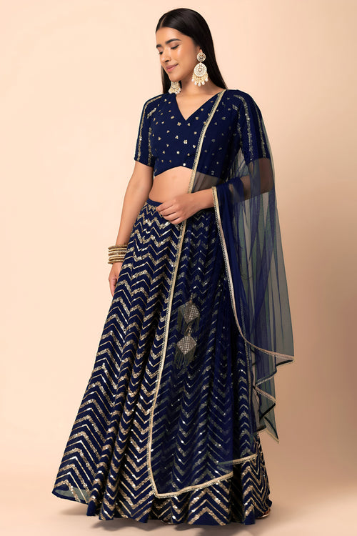Heavy Sequins Work Georgette Lehenga Choli In Blue Color