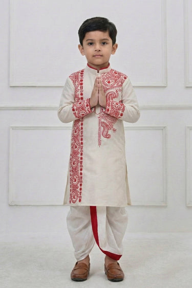 Off White Festive Wear Viscose Embroidered Readymade Kurta With Dhoti For Boys