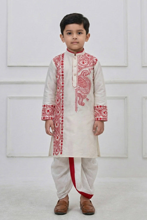 Off White Festive Wear Viscose Embroidered Readymade Kurta With Dhoti For Boys