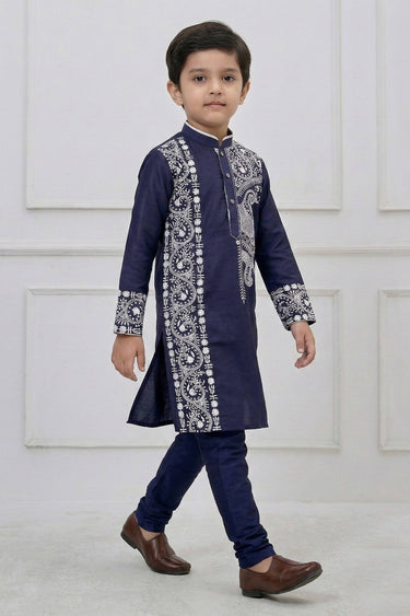 Embroidered Viscose Navy Blue Boys Readymade Kurta Pyjama For Sangeet Wear