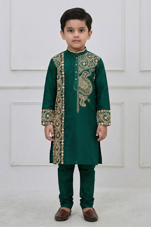 Embroidered Viscose Dark Green Sangeet Wear Readymade Kurta Pyjama For Boys