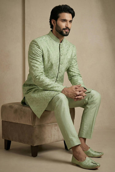 Sea Green Sangeet Wear Jacquard Fabric Readymade Indo Western For Men