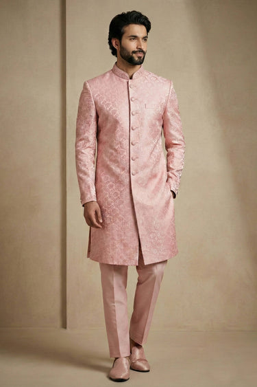 Jacquard Fabric Pink Sangeet Wear Readymade Indo Western For Men