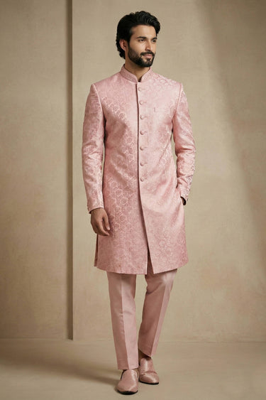 Jacquard Fabric Pink Sangeet Wear Readymade Indo Western For Men