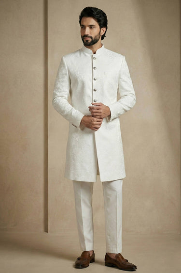 Jacquard Fabric White Sangeet Wear Readymade Indo Western For Men