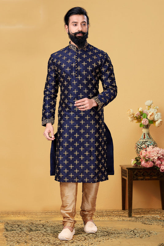 Navy Blue Color Dhupion Fabric Festive Wear Captivating Readymade Kurta Pyjama For Men