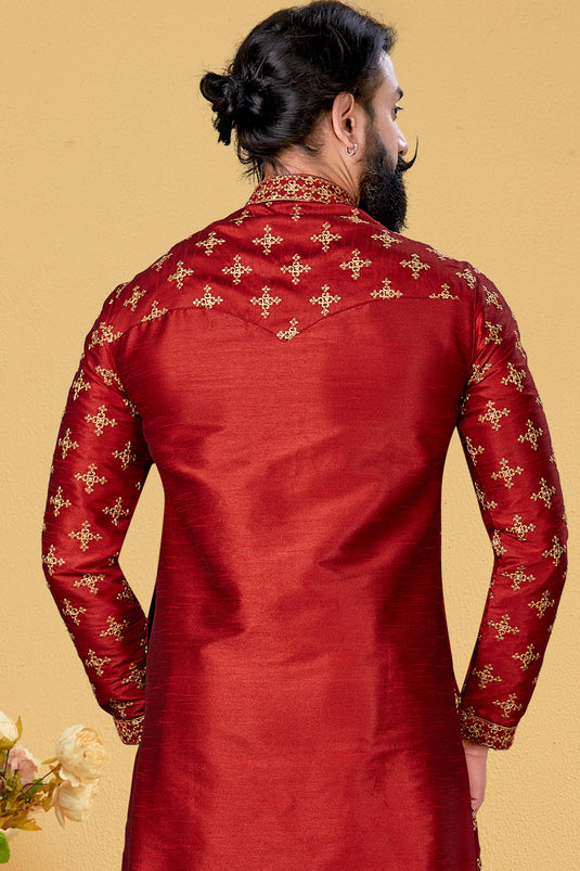 Fetching Red Dhupion Fabric Sangeet Wear Readymade Kurta Pyjama For Men