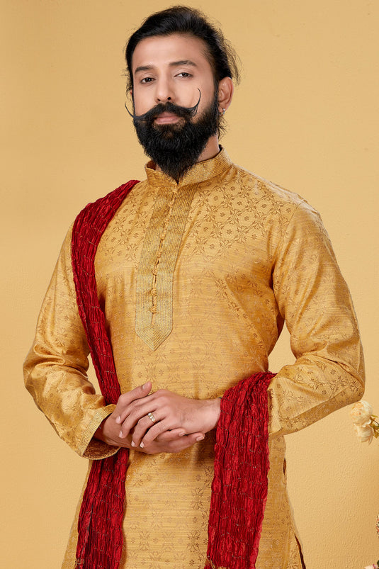 Golden Stunning Jacquard Silk Fabric Function Wear Readymade Kurta Pyjama For Men