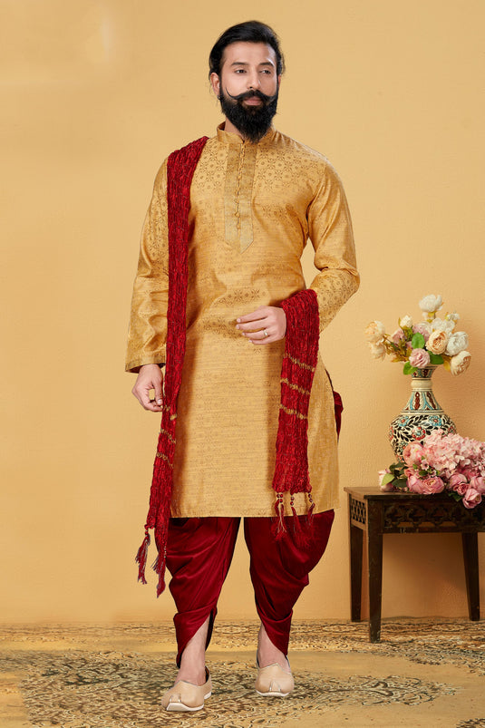 Golden Stunning Jacquard Silk Fabric Function Wear Readymade Kurta Pyjama For Men
