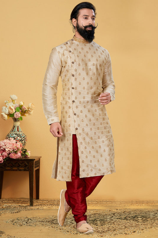 Beige Color Beautiful Dhupion Fabric Wedding Wear Readymade Kurta Pyjama For Men