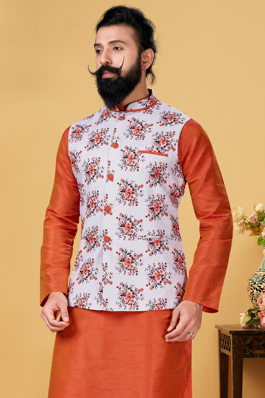 Rust Dhupion Silk Festive Wear Readymade Lovely Kurta Pyjama For Men With Jacket