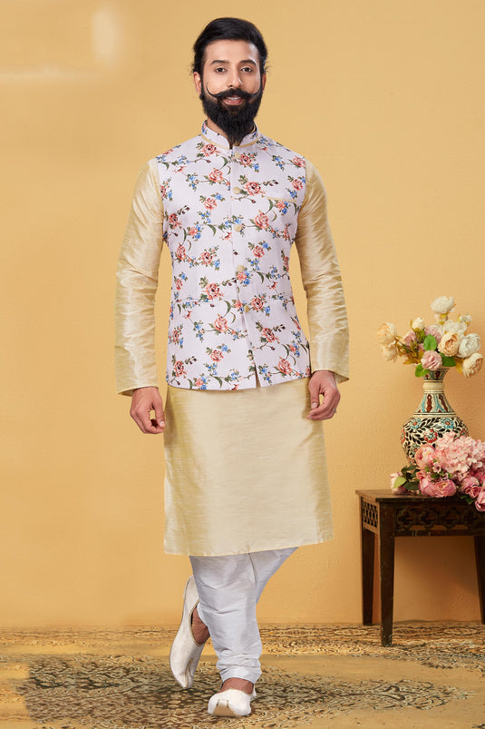 Dhupion Silk Fabric Beige Color Festive Wear Readymade Stunning Kurta Pyjama For Men With 3 Pcs Jacket Set