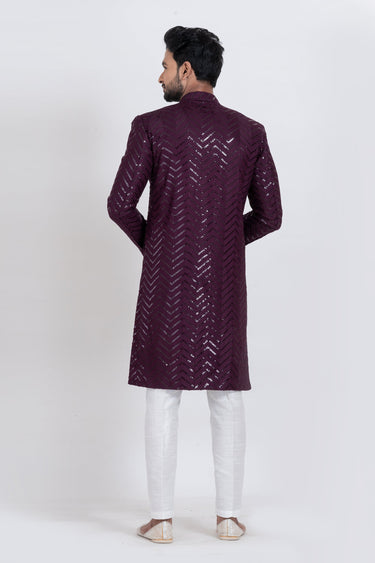 Sequins Work Pretty Viscose Fabric Sangeet Wear Readymade Men Indo Western In Purple Color