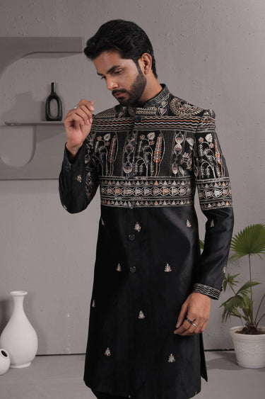 Black Wedding Wear Velvet Embroidered Readymade Indo Western For Men