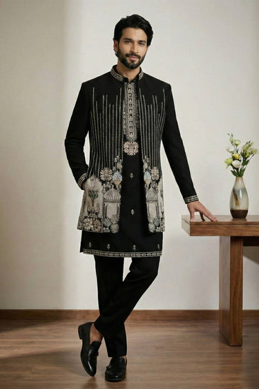 Satin Fabric Embroidered Black Wedding Wear Readymade Indo Western For Men