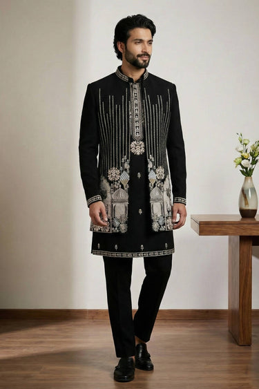Satin Fabric Embroidered Black Wedding Wear Readymade Indo Western For Men