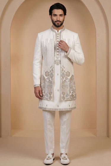Off White Satin Silk Readymade Men Indo Western Jodhpuri Suit