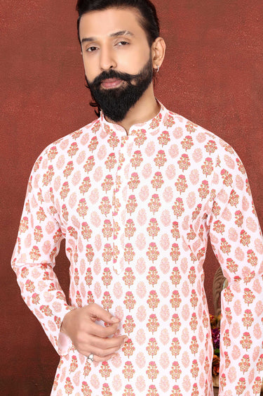 Pretty Cotton Fabric Sangeet Wear Readymade Men Kurta Pyjama In Off White Color