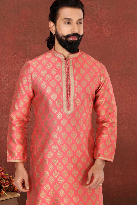 Jacquard Silk Fabric Lovely Pink Color Festive Wear Kurta Pyjama For Men
