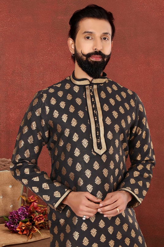 Reception Wear Attractive Kurta Pyjama For Men In Black Color Jacquard Silk Fabric