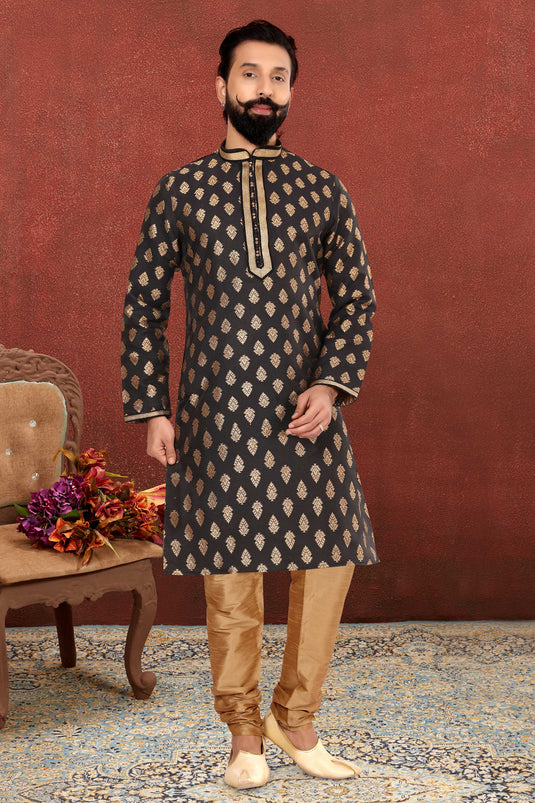 Reception Wear Attractive Kurta Pyjama For Men In Black Color Jacquard Silk Fabric