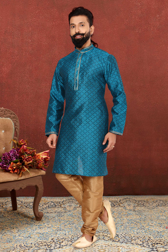 Pretty Fancy Fabric Readymade Men Kurta Pyjama In Teal Color