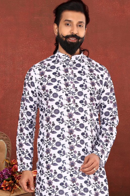 White Color Cotton Fabric Artistic Readymade Men Kurta Pyjama