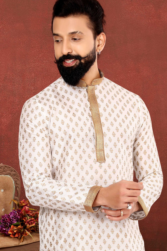 Dhupion Silk Fabric Readymade Off White Color Kurta Pyjama For Men