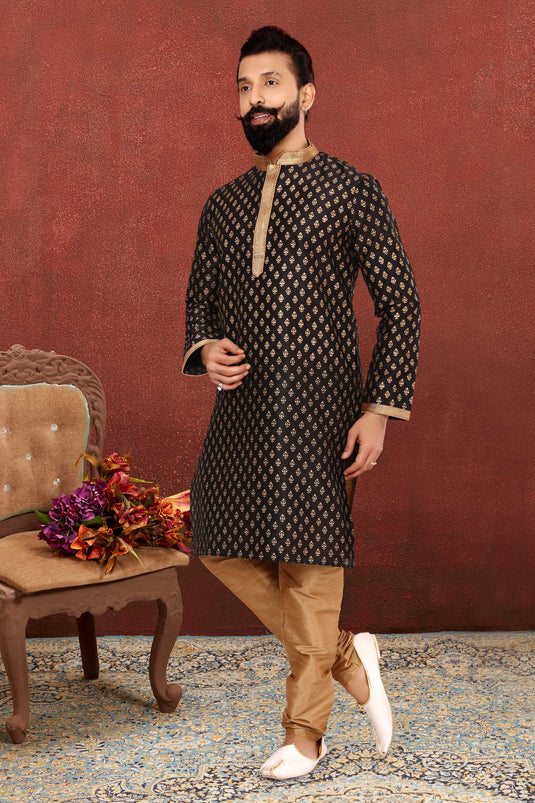 Dhupion Silk Fabric Readymade Kurta Pyjama For Men In Black Color