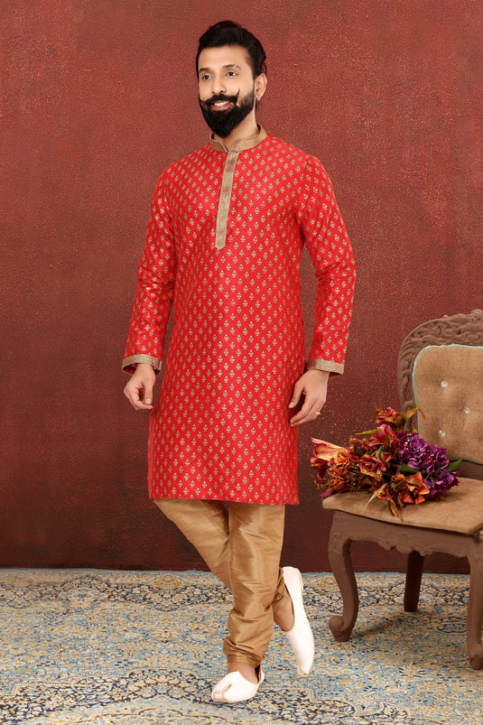 Red Color Dhupion Silk Fabric Readymade Kurta Pyjama For Men