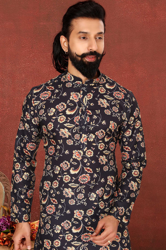 Cotton Fabric Black Color Trendy Readymade Men Kurta Pyjama