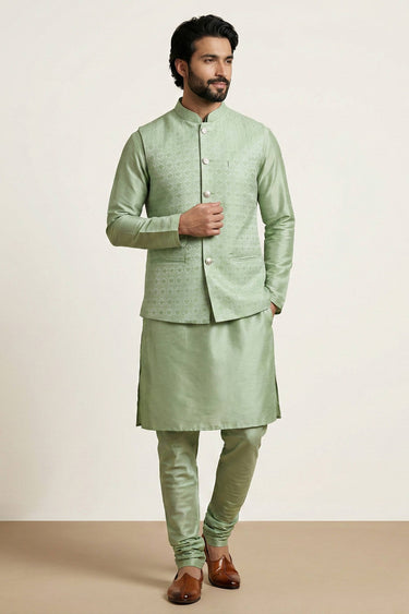 Sea Green Function Wear Dhupion Fabric Readymade Kurta Pyjama With Designer Jacket For Men