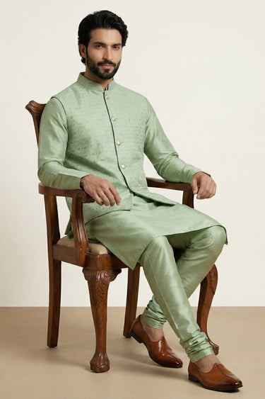 Sea Green Function Wear Dhupion Fabric Readymade Kurta Pyjama With Designer Jacket For Men