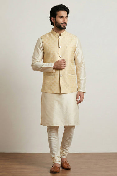 Dhupion Beige Color Men Readymade Kurta Pyjama With Designer Jacket For Function Wear