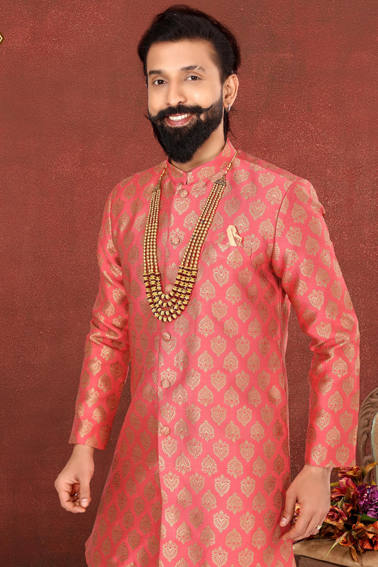 Jacquard Silk Stunning Pink Color Wedding Wear Readymade Men Indo Western