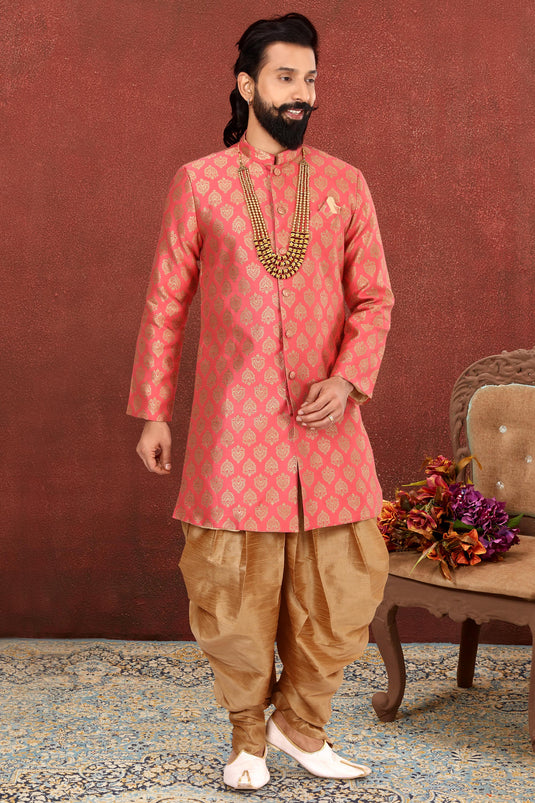 Jacquard Silk Stunning Pink Color Wedding Wear Readymade Men Indo Western