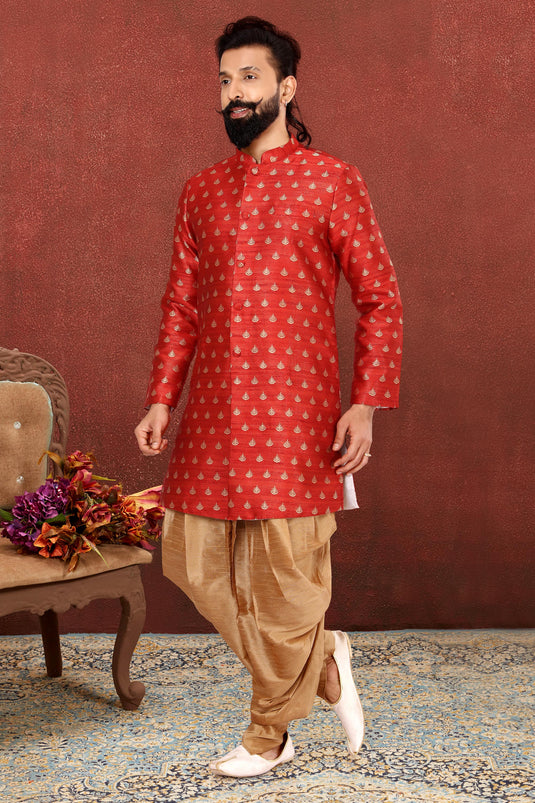 Jacquard Silk Red Festive Wear Readymade Lovely Indo Western For Men