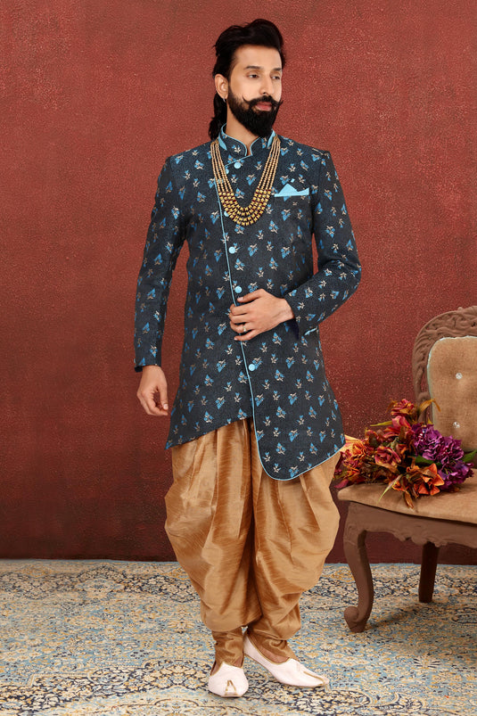 Jacquard Silk Blue Wedding Wear Attractive Readymade Men Indo Western