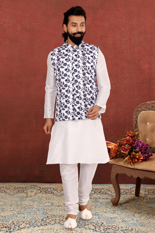 Dhupion Silk Fabric White Color Festive Wear Readymade Men Stylish Kurta Pyjama With Jacket