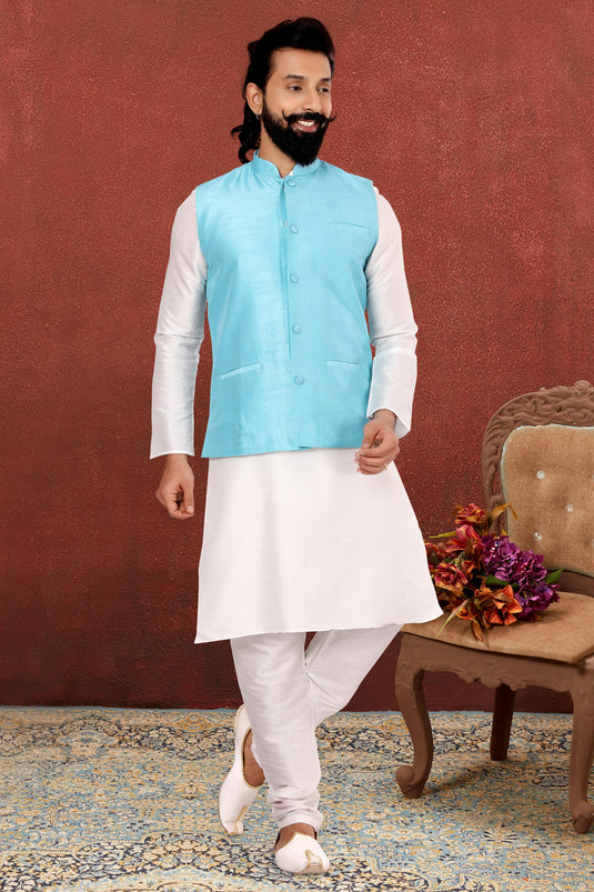 White Dhupion Silk Fabric Sangeet Wear Trendy Readymade Kurta Pyjama For Men With Jacket