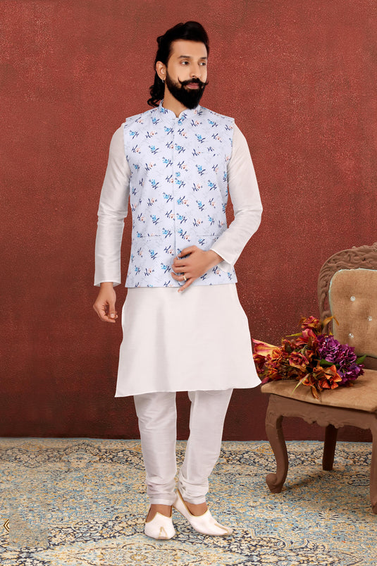 Dhupion Silk White Color Wedding Wear Readymade Designer Men Kurta Pyjama With Jacket