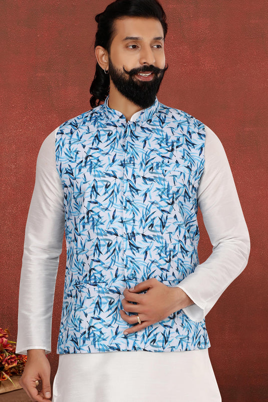 Dhupion Silk White Reception Wear Attractive Readymade Men Kurta Pyjama With Jacket