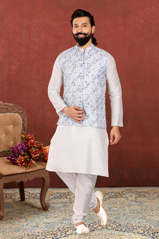 Dhupion Silk White Function Wear Readymade Glamorous Kurta Pyjama For Men With Jacket